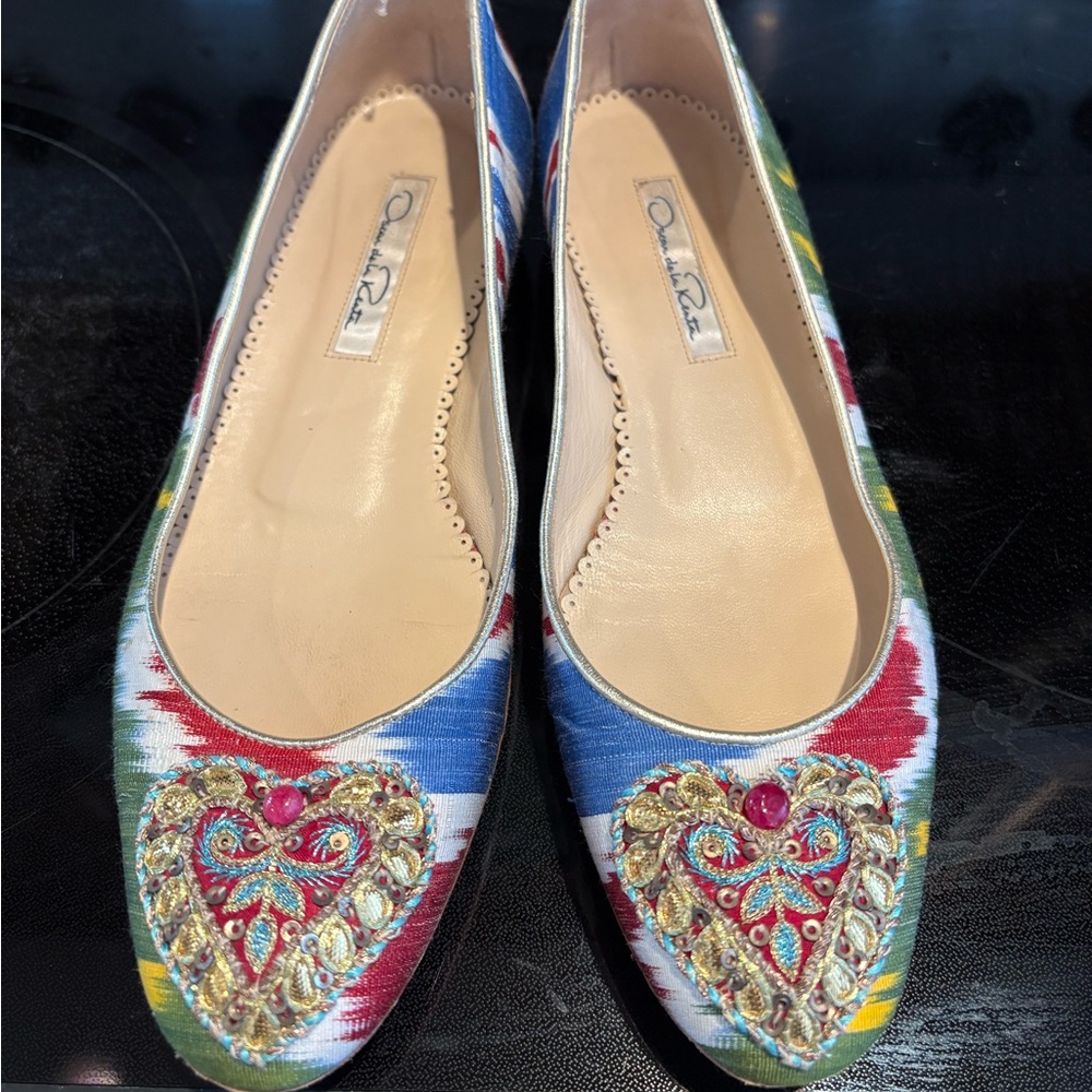 Oscar de la Renta Multicolor Canvas Beaded Ballet Flats Shoes Size 6 US, EU 36